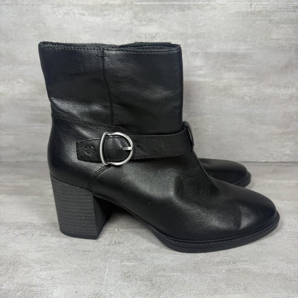 Lucky Brand Boots Womens Size 11 Black LRACHELLE Leather Ankle Buckle Block Heel - Picture 1 of 9